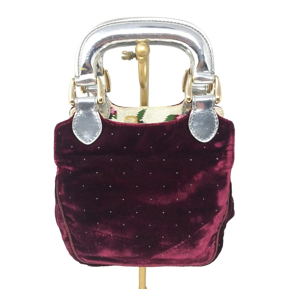 Fendi Velvet Handbag Small Burgundy‎ Red Needlepoint Chunky Handle Whimsigoth